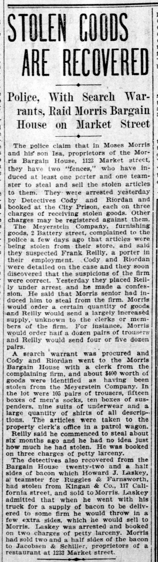 "Stolen Goods Recovered" — San Francisco Call, January 21, 1906