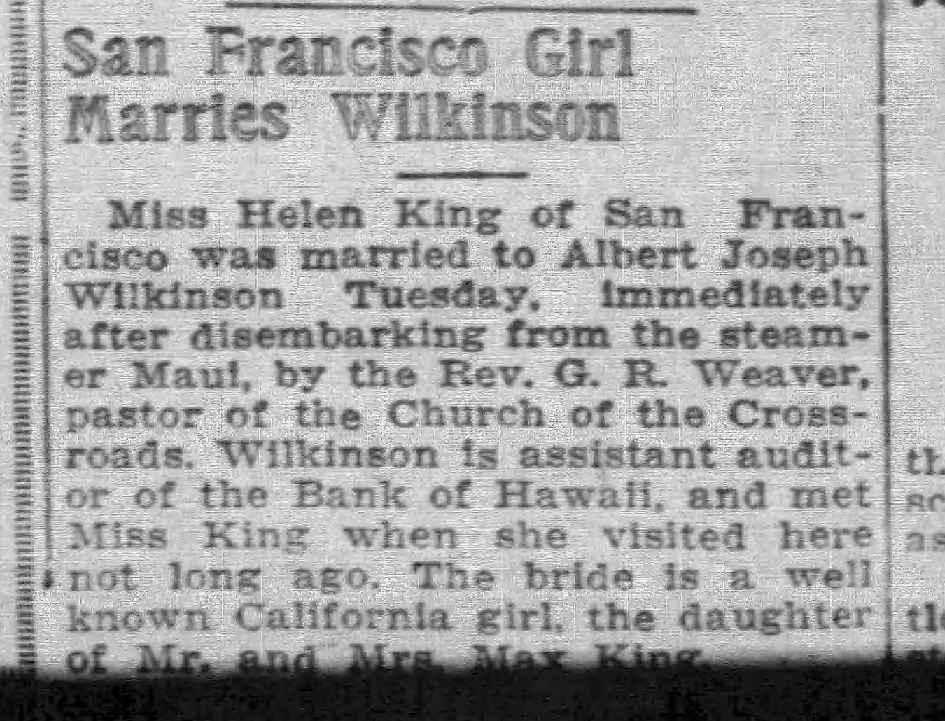 "San Francisco Girl Marries Wilkinson"