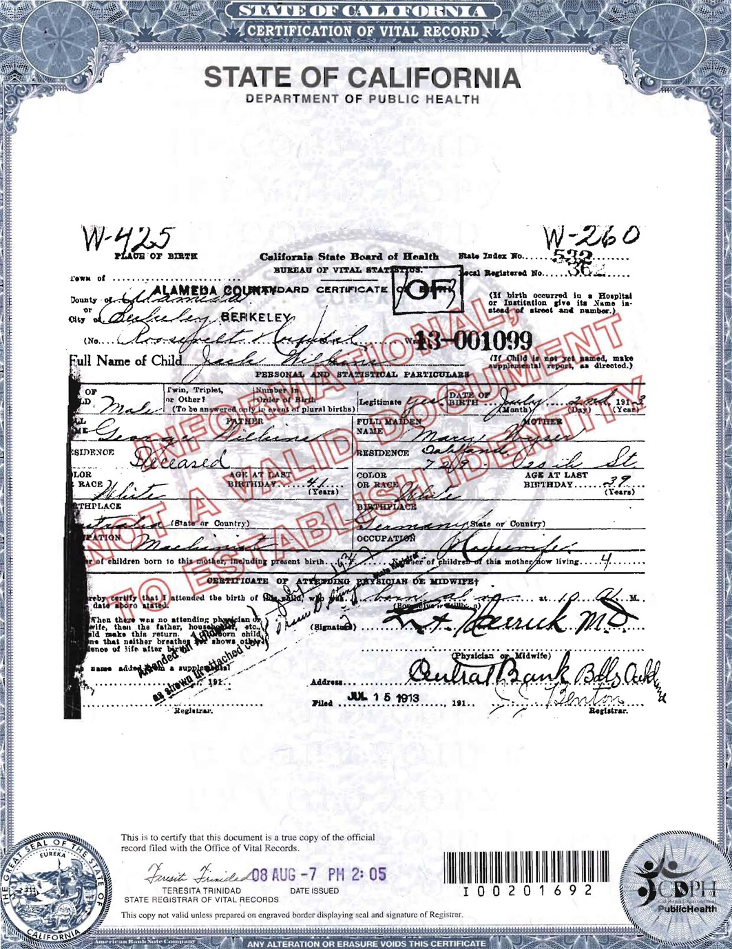 Page one: the original 1913 certificate of "Jack Wilkins," son of the invented "George Wilkins"
