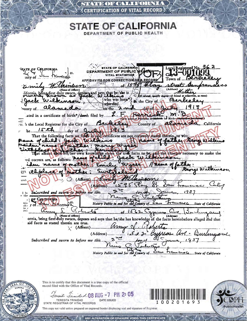 Page two: the 1937 affidavit of correction — surname fixed, "George" carefully retained