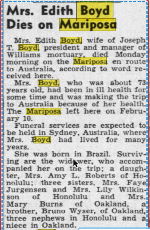 Mrs. Edith Boyd Dies on Mariposa - Honolulu Star-Bulletin - 18 Feb 1941 - Page 3 Mrs. Edith Boyd Dies on Mariposa - Honolulu Star-Bulletin - 18 Feb 1941 - Page 3