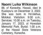 Naomi Luika Wilkinson - Death notice, Honolulu Star-Advertiser, 10 Jan 2023