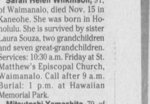 Sarah Helen Wilkinson - Obituary, Honolulu Star-Bulletin, 27 Nov 2001